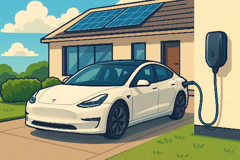 A cartoonised visualisation of an electric car plugged in to charge on a driveway via a pedestal mounted charger